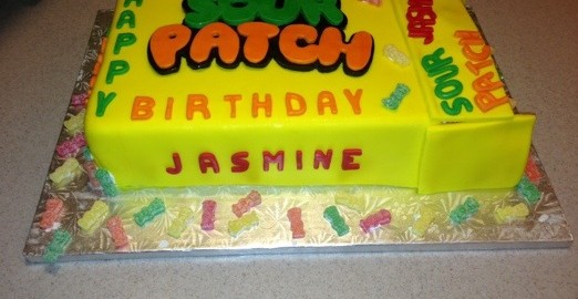 Sour Patch Candy Cake with Yellow Fondant candy Wrapper