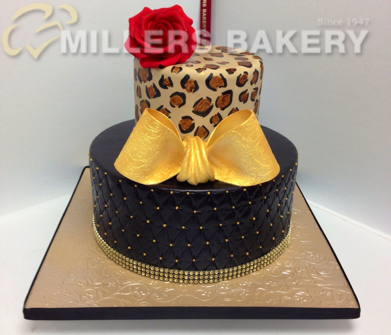 Leopard Print Design Top Tier With Quilted Lower Tier,Add Some Gold Bling And Red Cabbage Rose. You May Also Like