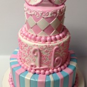 Pink With Mask Three Tier Fondant Sweet 16 With Mask Topper.Each Tier With Different Pattern.Stripes On The Lower Base Tier,Followed By Hand Scroll Work And A Whimsical Styled 16.Diamond Pattern Topper Cake With A Mask You May Also Like &#160;