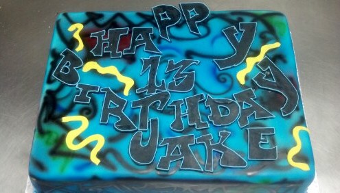 Graffiti Themed 13 Th Birthday Cake. AirBrushed With Fondant Cut Out Inscription.This Cake Is A Work Of Art Upon Itself. &#160; &#160;